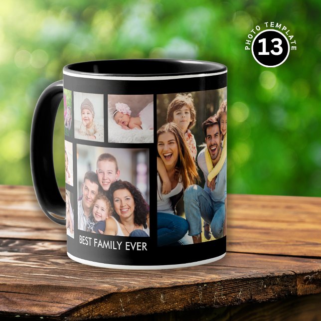 13 Photo Collage Best Family Ever Name Black Mug (Creator Uploaded)