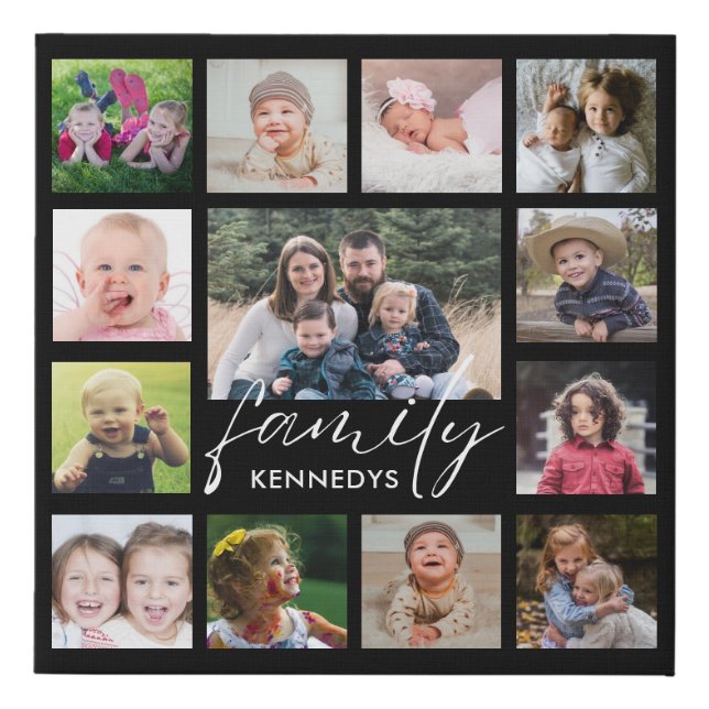 13 Photo Collage Custom Family Name Black Faux Canvas Print (Front)