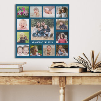 13 Photo Collage Family Name Create Your Own Blue Faux Canvas Print