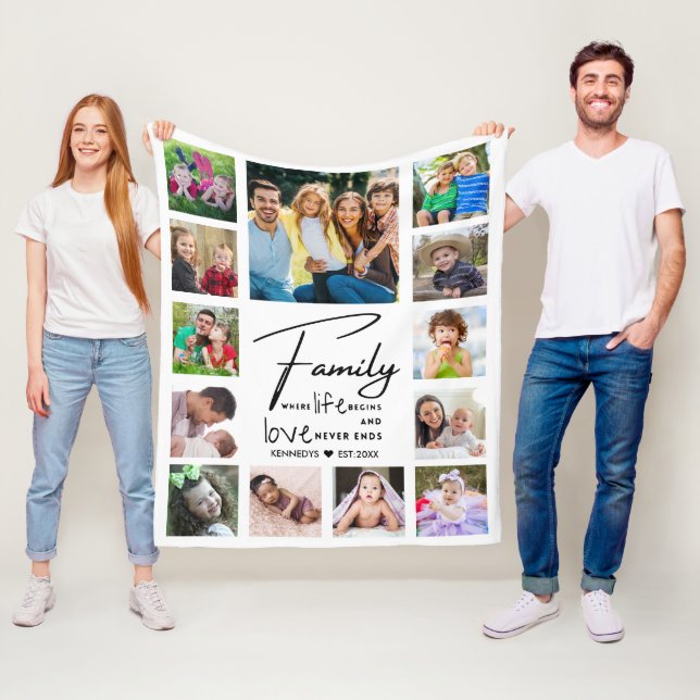 13 Photo Collage Family Quote Name Black And white Fleece Blanket (In Situ)