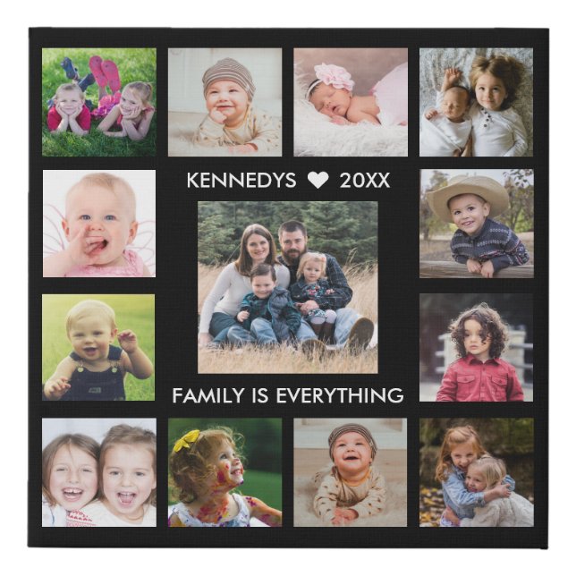 13 Photo Collage Frame Family Name Quote Black   Faux Canvas Print (Front)