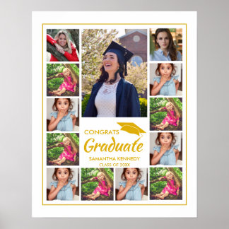 13 Photo Collage Gold Cap Congrats Graduate White Poster
