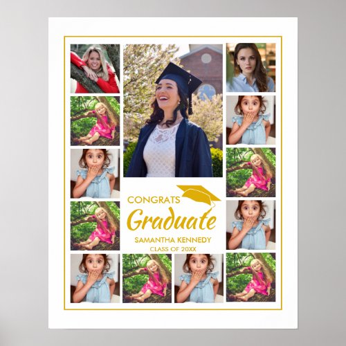 13 Photo Collage Gold Cap Congrats Graduate White Poster