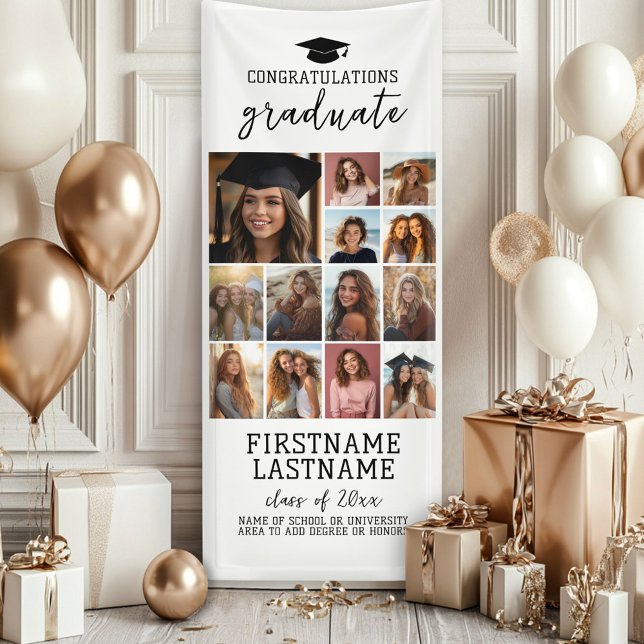 13 Photo Collage Graduation Modern Minimal White Banner (Custom Graduation Photo Banner - Great backdrop and Graduation Party Decoration)