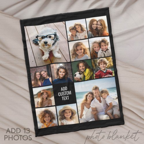 13 Photo Collage Grid - Custom Text Can Edit Black Fleece Blanket