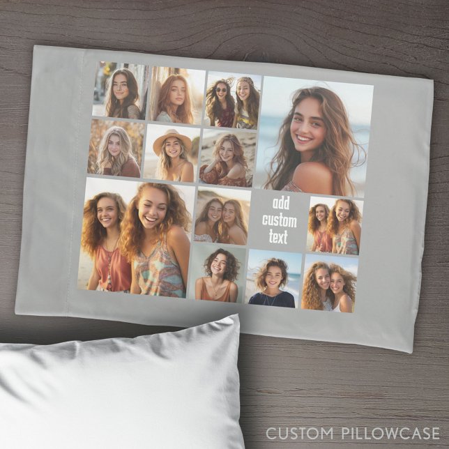 13 Photo Collage Grid grey background black text Pillow Case (Create Your Own Photo Collage Pillowcase)