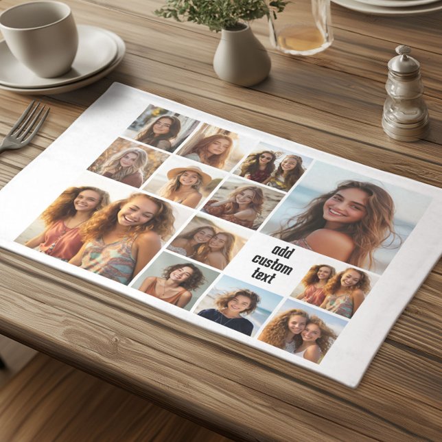 13 Photo Collage Grid white background black text Cloth Placemat (Custom Cloth Placemat with Photo Collage)