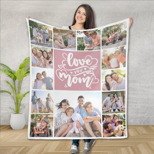 13 Photo Collage Love You Mom Pink Fleece Blanket