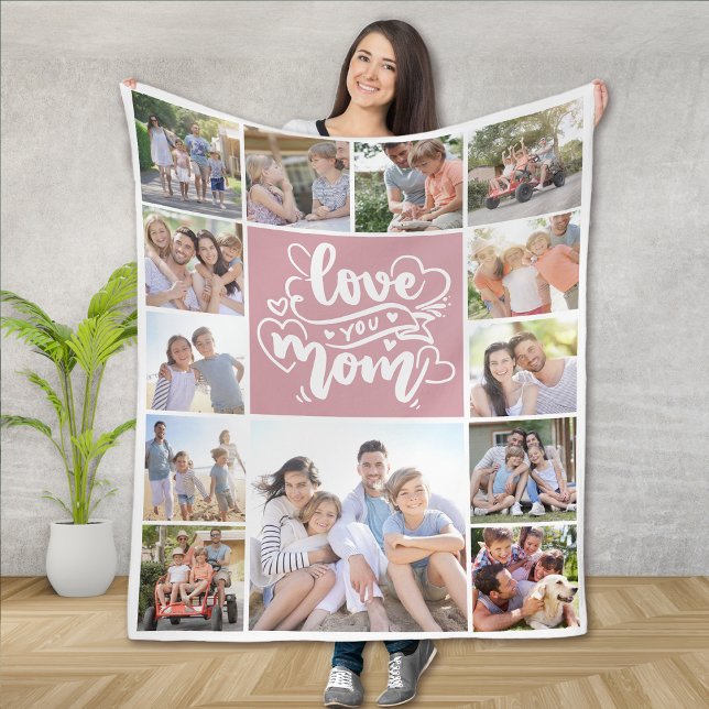 13 Photo Collage Love You Mom Pink Fleece Blanket (Creator Uploaded)