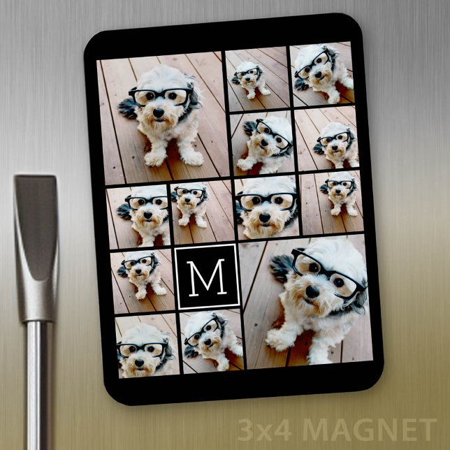 13 Photo Collage Monogram black - Can Edit Color Magnet (Personalized refrigerator magnet with photo collage and custom text - add 13 photos to this design)