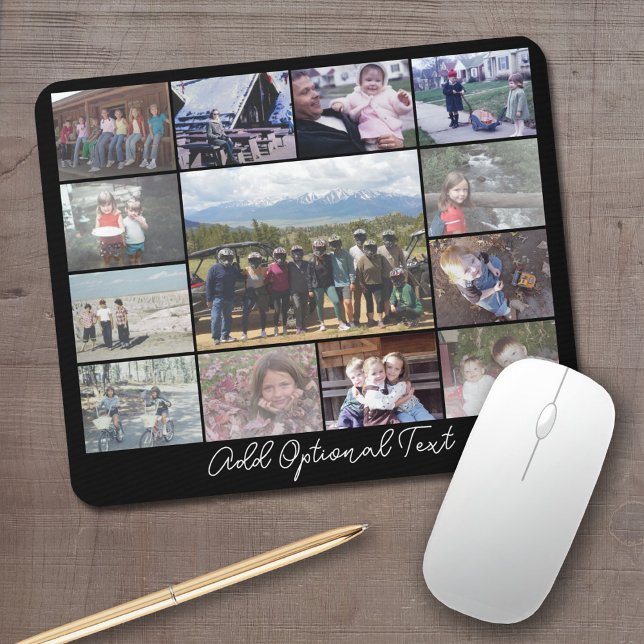 13 Photo Collage Optional Text -- CAN Edit Black Mouse Pad (Personalized mouse pad with your photos and text)