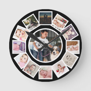 13 Photo Collage Personalized Black White Round Clock