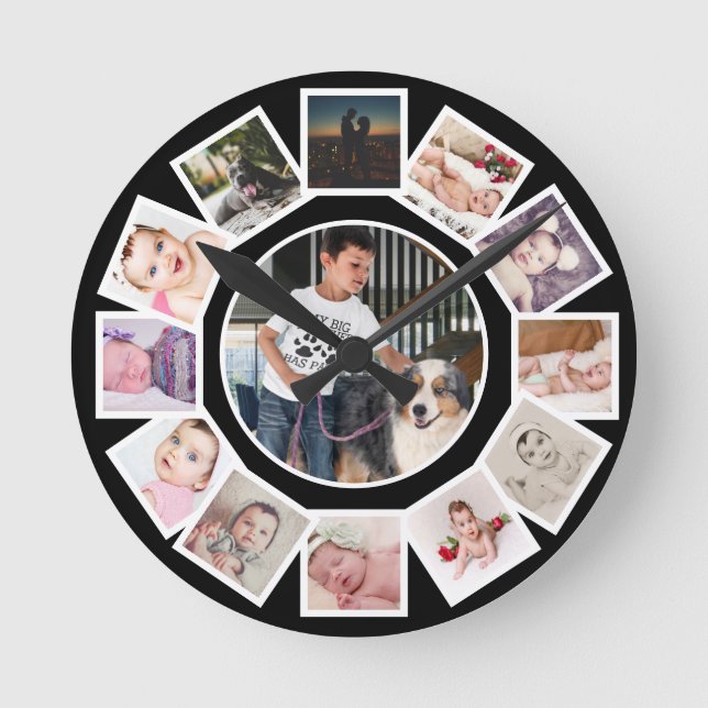 13 Photo Collage Personalized Black White Round Clock (Front)