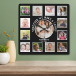 13 Photo Collage Together Family Quote Name Black  Square Wall Clock<br><div class="desc">Create your own photo collage wall clock with 13 of your favorite pictures. The photo frame clock helps you treasure your special moments and also makes a thoughtful gift for parents, grandparents and friends. The personalized family clock makes it a perfect gift for all occasions. Personalize with family name and...</div>
