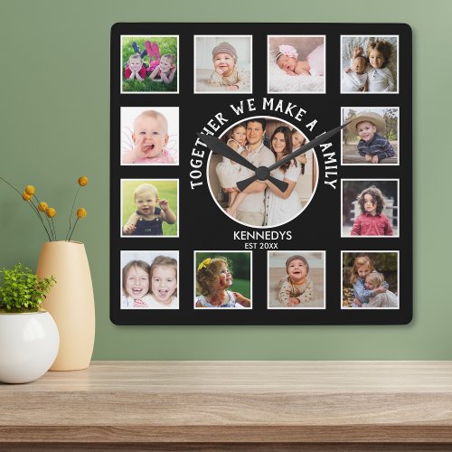 13 Photo Collage Together Family Quote Name Black  Square Wall Clock
