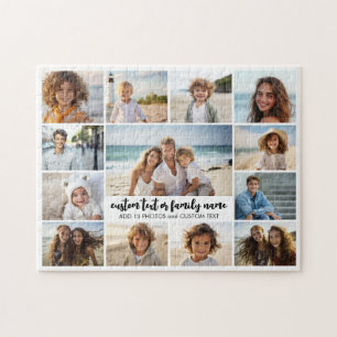 13 Photo Collage with Family Text in Center Jigsaw Puzzle