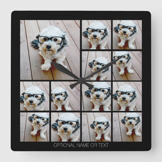 13 Photo Funky Collage with Simple Text Square Wall Clock (Front)