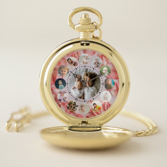 13 Photos collage Personalized Name rosy Pocket Watch (Inside)