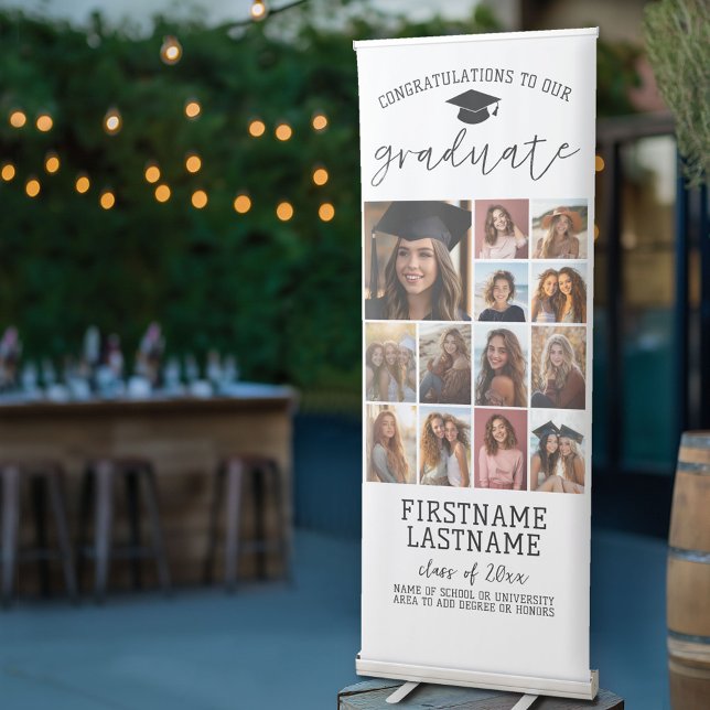 13 photos - Graduation Modern Minimal White Retractable Banner (Custom Graduation Banner Stand - Photo Collage with Modern Black and White Design)