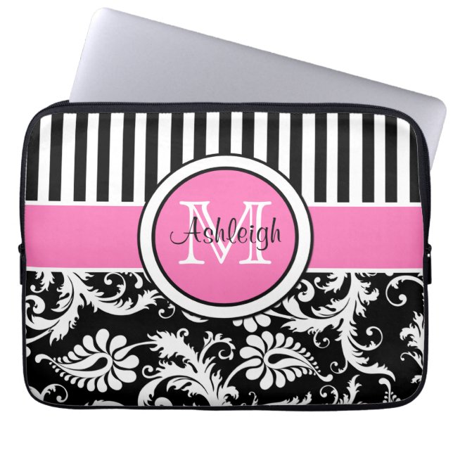13" Pink Black White Damask Striped Laptop Sleeve (Front)