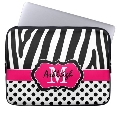 13" Pink Black Zebra Stripes Polka Dot Laptop Case