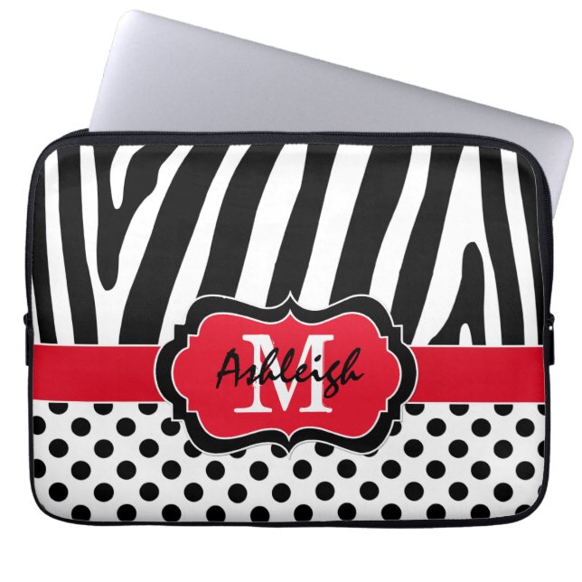 13" Red Black Zebra Stripes Polka Dots Laptop Case (Front)