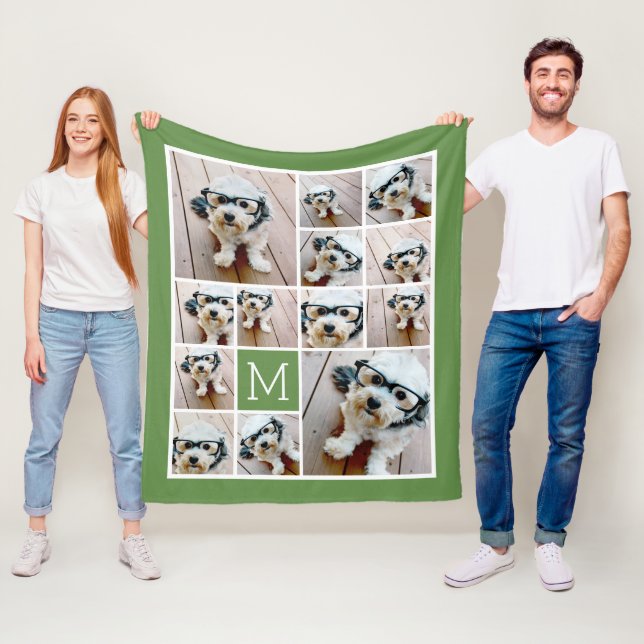 13 Square Photo Collage Monogram Green - green Fleece Blanket (In Situ)
