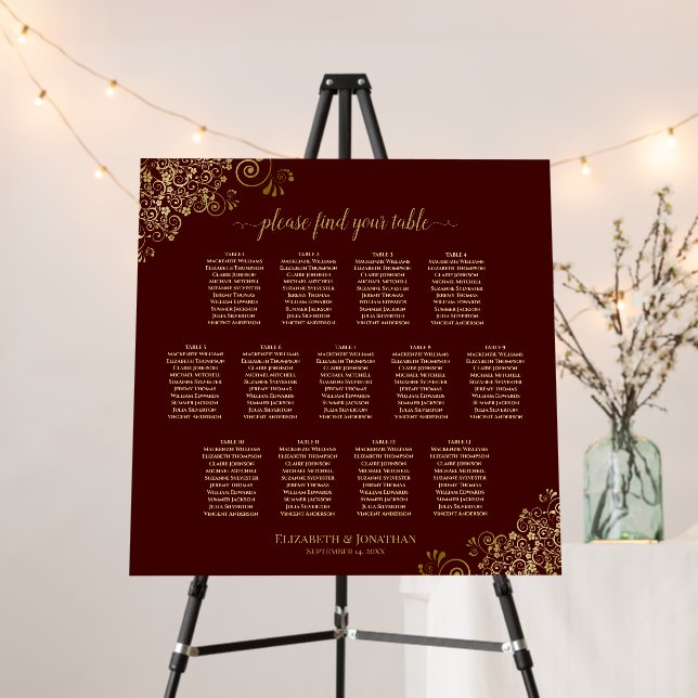 13 Table Auburn Brown & Gold Lace Seating Chart Foam Board (In Situ (Stand))