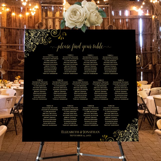 13 Table Black Wedding Seating Chart Golden Frills Foam Board (In Situ on Stand at Reception)