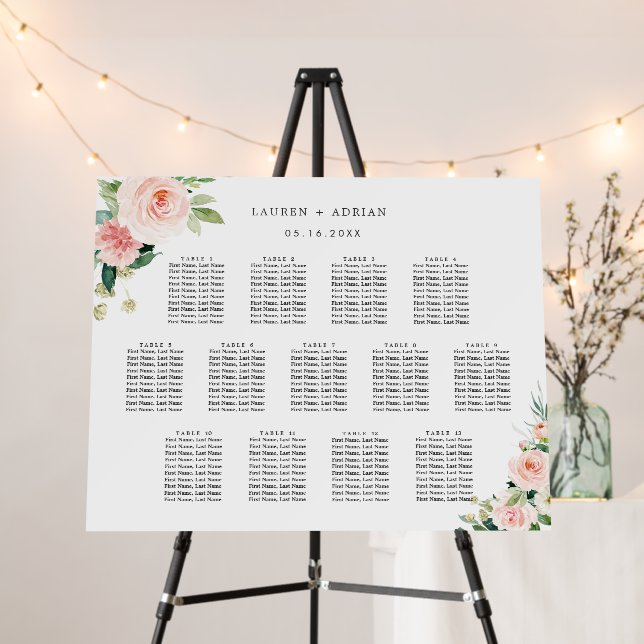13 Table Blush Pink Bloom Wedding Seating Chart Foam Board (In Situ (Stand))