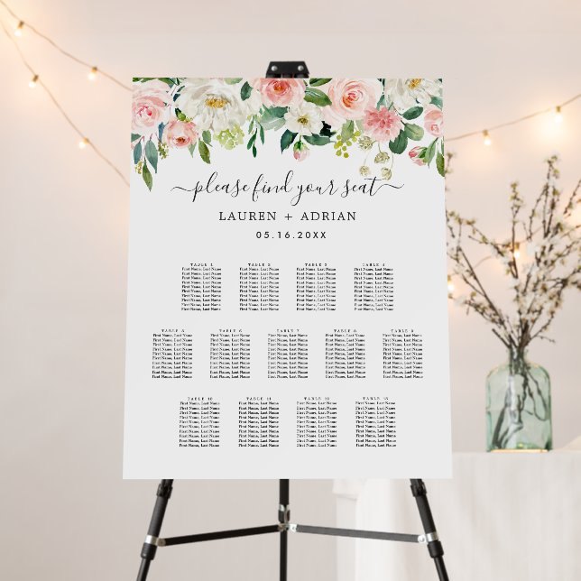 13 Table Blush Pink Bloom Wedding Seating Chart  Foam Board (In Situ (Stand))