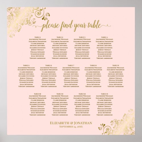 13 Table Blush Pink  Gold Wedding Seating Chart