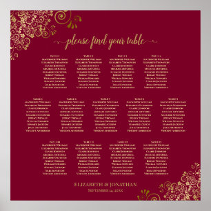 13 Table Burgundy & Gold Elegant Seating Chart