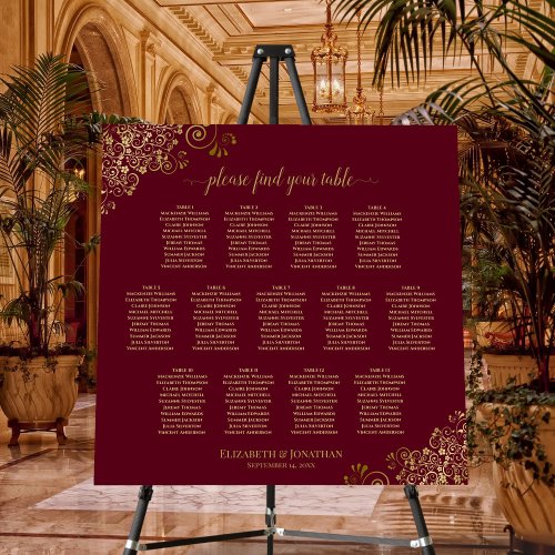 13 Table Burgundy Maroon  Gold Lace Seating Chart Foam Board