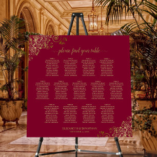 13 Table Burgundy Maroon & Gold Lace Seating Chart Foam Board