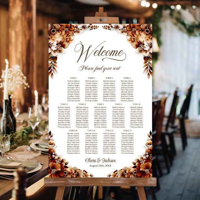 13 Table Burnt Orange Floral Wedding Seating Chart Foam Board (Creator Uploaded)