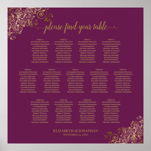 13 Table Cassis Purple Wedding Seating Chart Gold