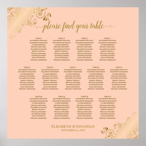 13 Table Coral Peach  Gold Wedding Seating Chart