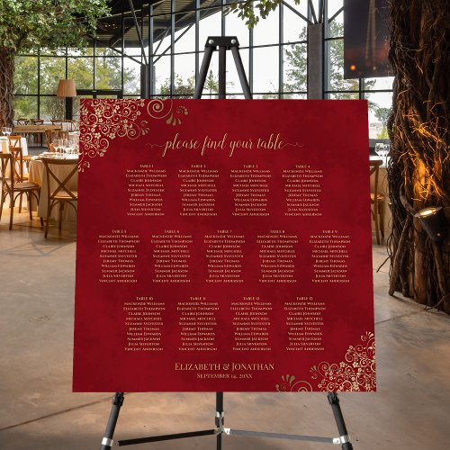 13 Table Crimson Red  Gold Wedding Seating Chart Foam Board