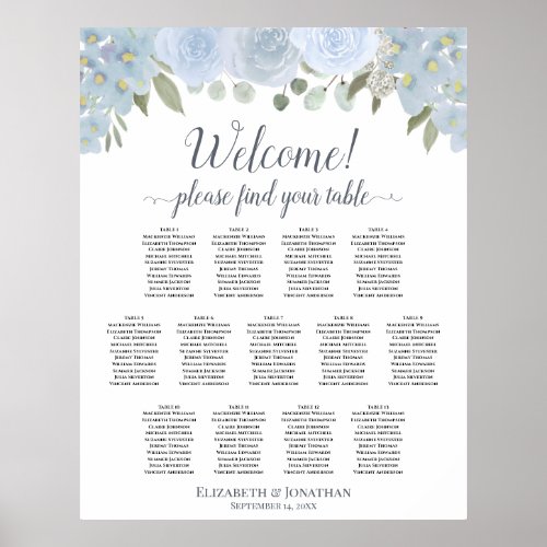 13 Table Dusty Blue Floral Wedding Seating Chart