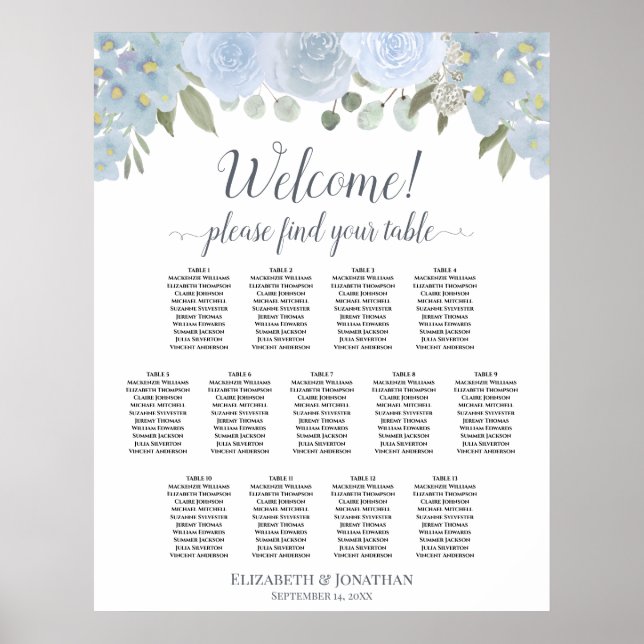 13 Table Dusty Blue Floral Wedding Seating Chart (Front)