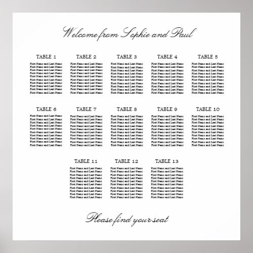 13 Table Elegant Minimalist Seating Chart