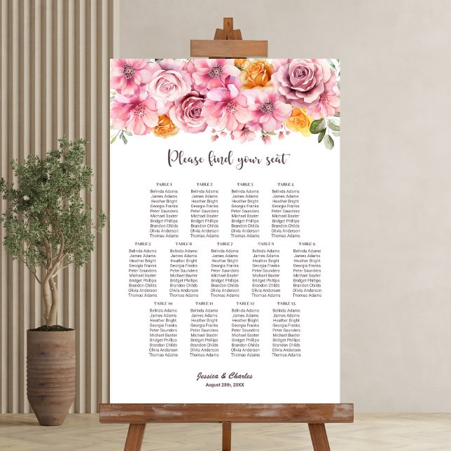 13 Table Elegant Pink Floral Wedding Seating Chart (Creator Uploaded)