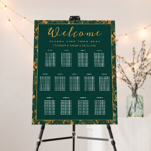 13 Table Emerald Green & Gold Floral Seating Chart Foam Board