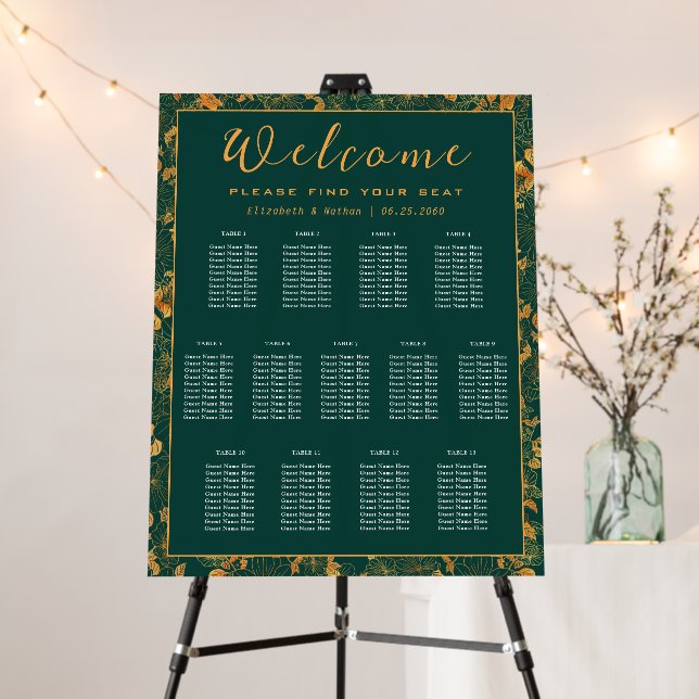 13 Table Emerald Green & Gold Floral Seating Chart Foam Board (In Situ (Stand))