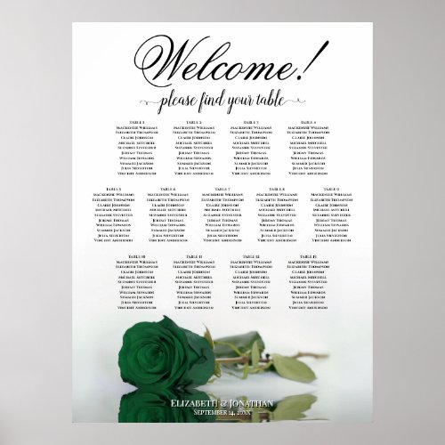 13 Table Emerald Green Rose Wedding Seating Chart