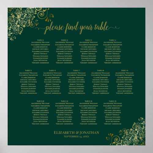13 Table Emerald Green Wedding Seating Chart Gold