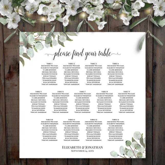 13 Table Eucalyptus Greenery Wedding Seating Chart | Zazzle