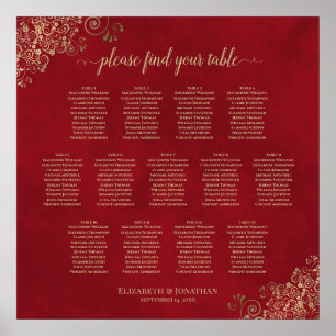 13 Table Frilly Wedding Seating Chart Red & Gold