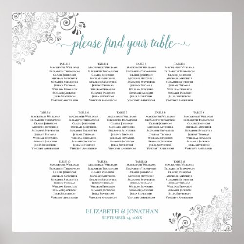 13 Table Frilly Wedding Seating Chart White  Teal